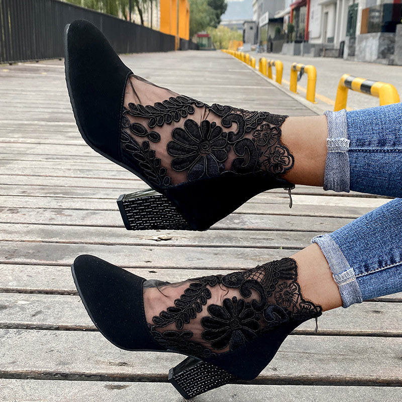 Women's Lace Panel Block Heel Ankle Orthopedic Boots