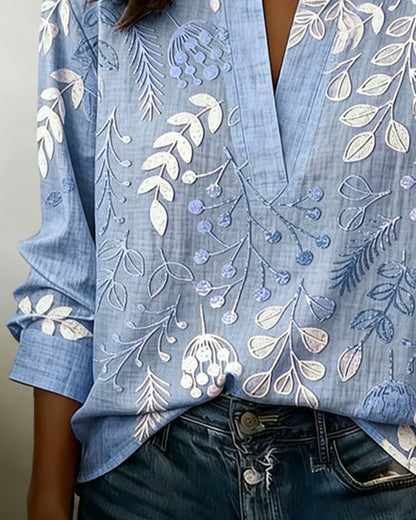 Women's Floral Embroidered V-Neck Blouse with Long Sleeves