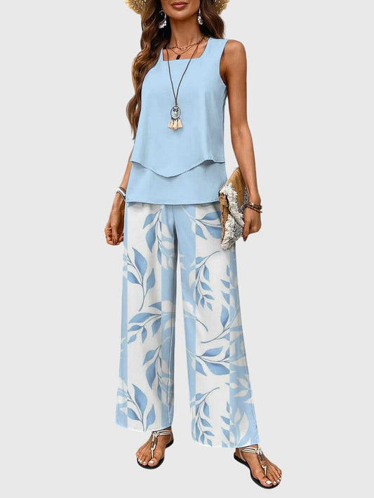 Women's Floral Print Two Piece Set Sleeveless Top and Wide Leg Pants Outfit