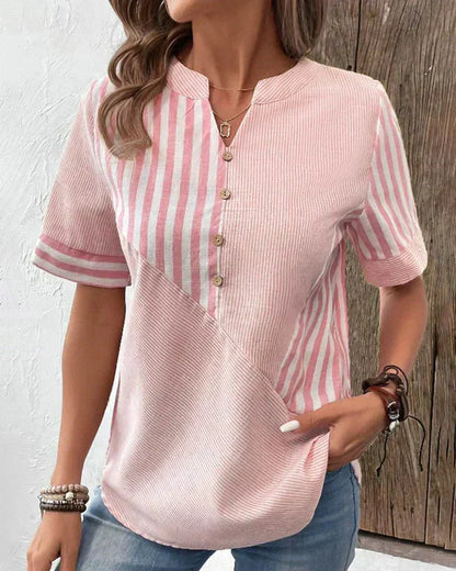 Women's Striped Button V-Neck Blouse Relaxed Fit Lightweight Casual Summer Top