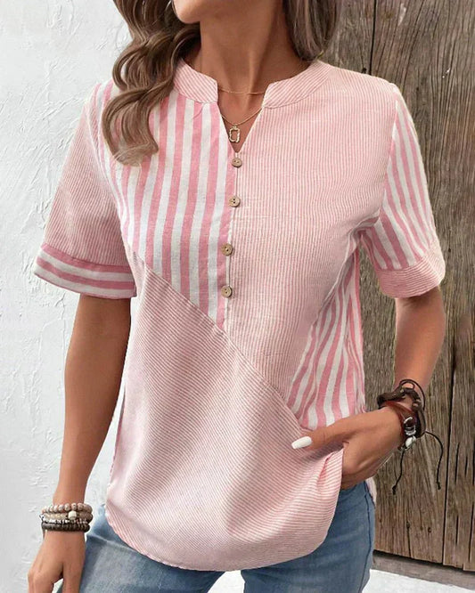 Women's Striped Button V-Neck Blouse Relaxed Fit Lightweight Casual Summer Top