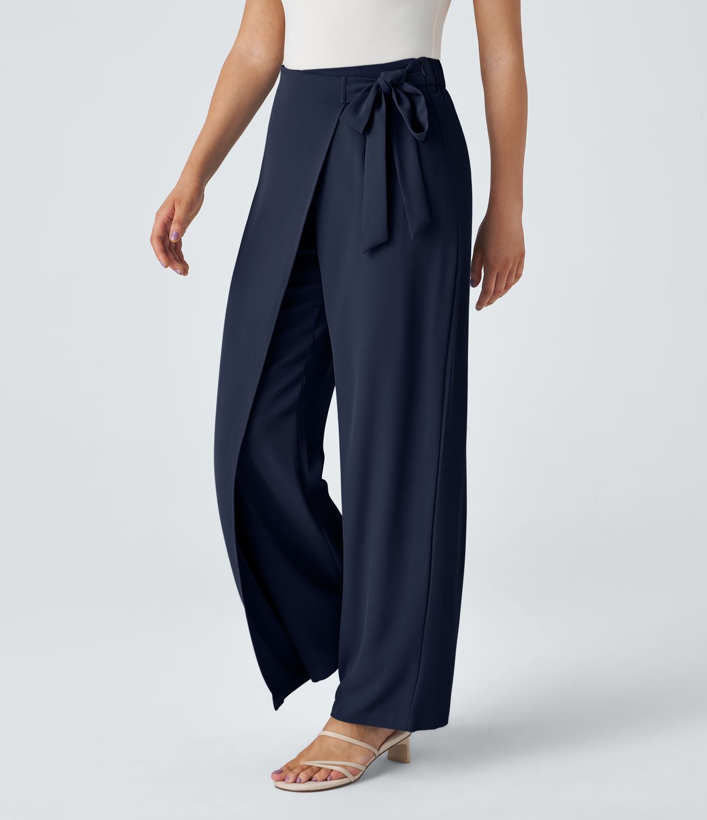 Women’s High Waist Wrap Pants with Wide Leg and Side Slit