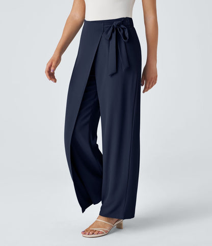 Women’s High Waist Wrap Pants with Wide Leg and Side Slit