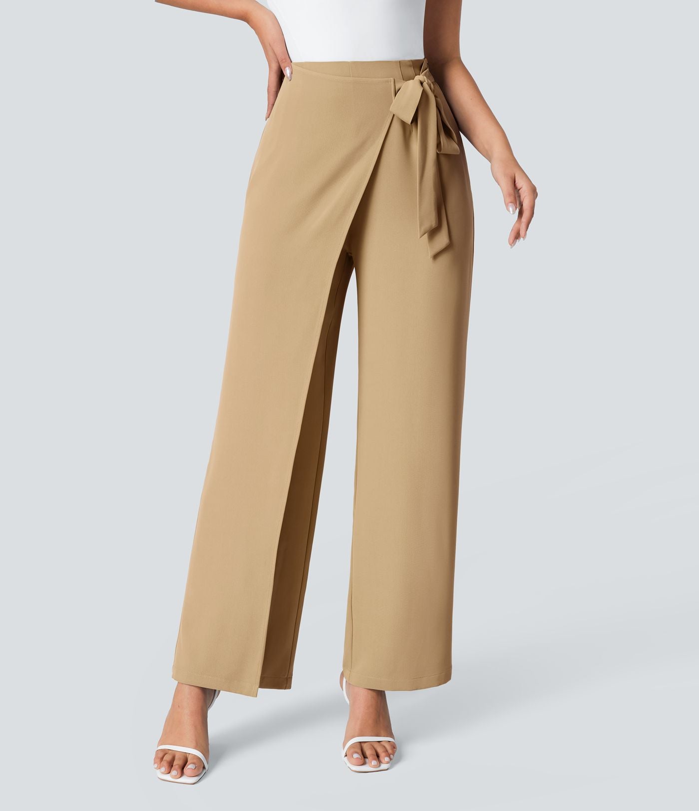 Women’s High Waist Wrap Pants with Wide Leg and Side Slit