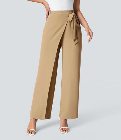 Women’s High Waist Wrap Pants with Wide Leg and Side Slit