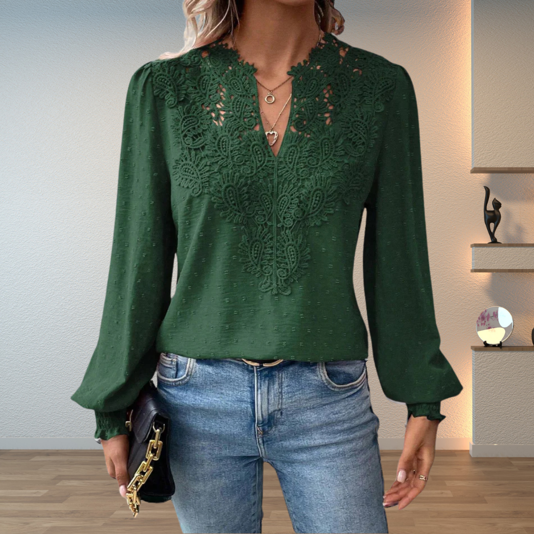 Women's Elegant Lace V-Neck Blouse Slim Fit Long Sleeve Casual Chic Top