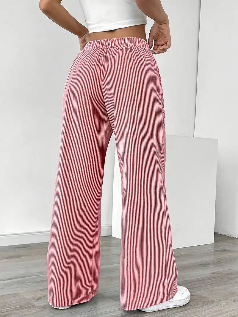 Women’s Wide Leg Striped Pants with Elastic Waist and Drawstring