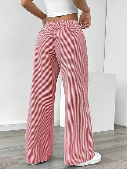 Women’s Wide Leg Striped Pants with Elastic Waist and Drawstring