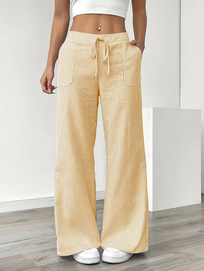 Women’s Wide Leg Striped Pants with Elastic Waist and Drawstring