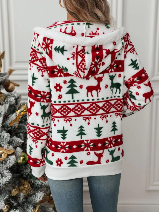 Weihnachts-Kapuzenjacke mit Reh- und Tannenbaum-Design für Damen