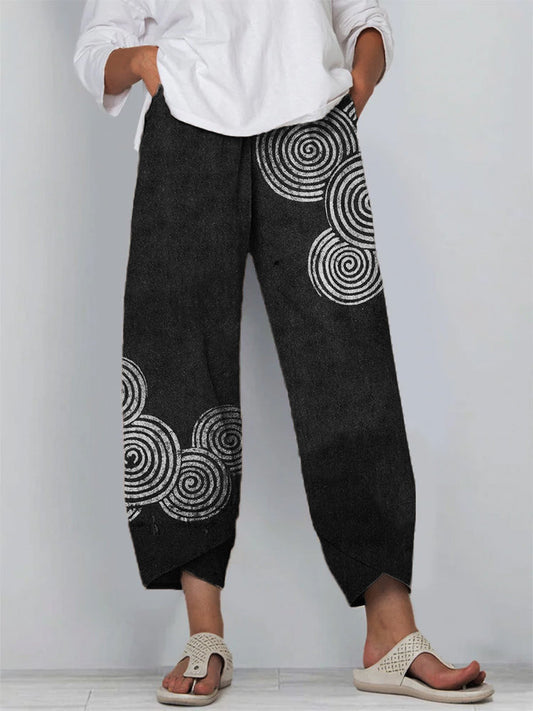 Women's Spiral Print Wide Leg Pants – Relaxed Fit Lightweight Casual Statement Trousers