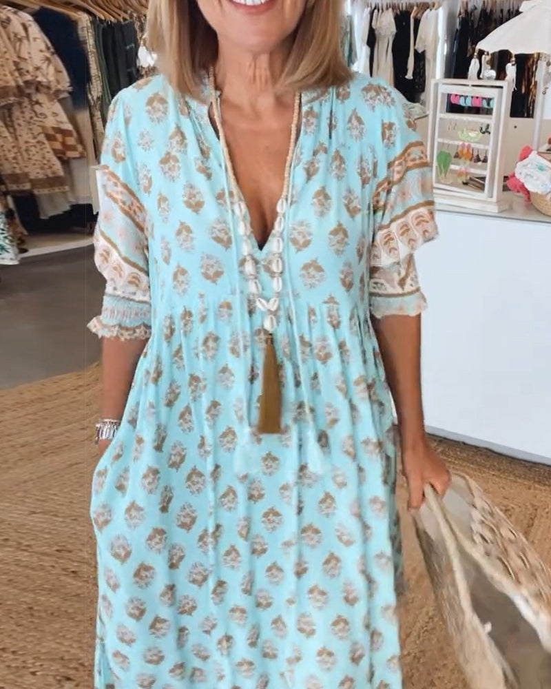 Women's Printed V-Neck Midi Dress with Relaxed Fit