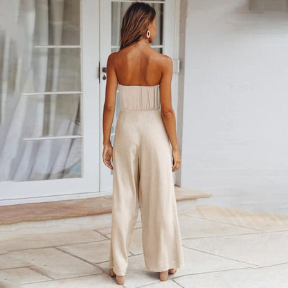Women’s Strapless Wide Leg Jumpsuit with Tie Waist