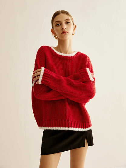 Strickpullover Mit Kontrastbesatz Perfekt Für Winter Damen