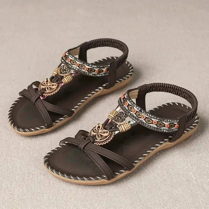 Women’s Boho Beaded Flat Sandals with Slip-On Design and Cushioned Sole