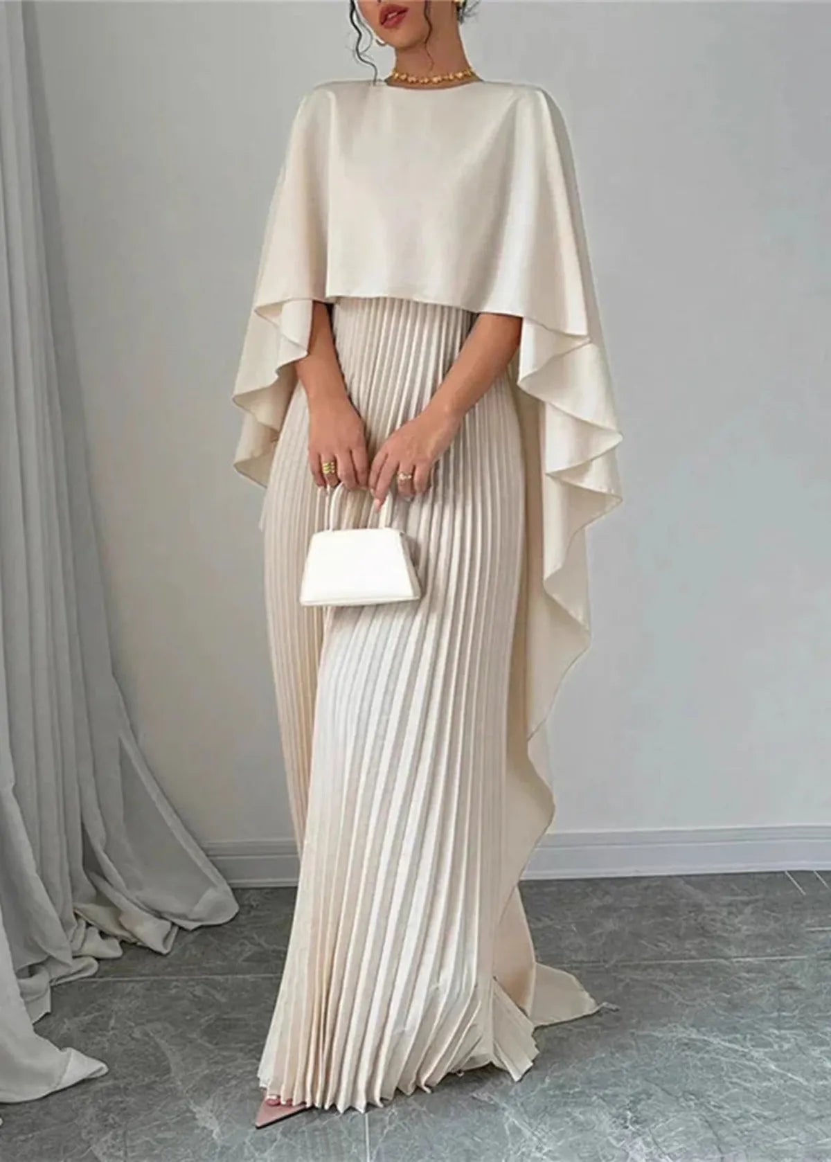 Women’s Pleated Cape Overlay Elegant Flowing Maxi Dress