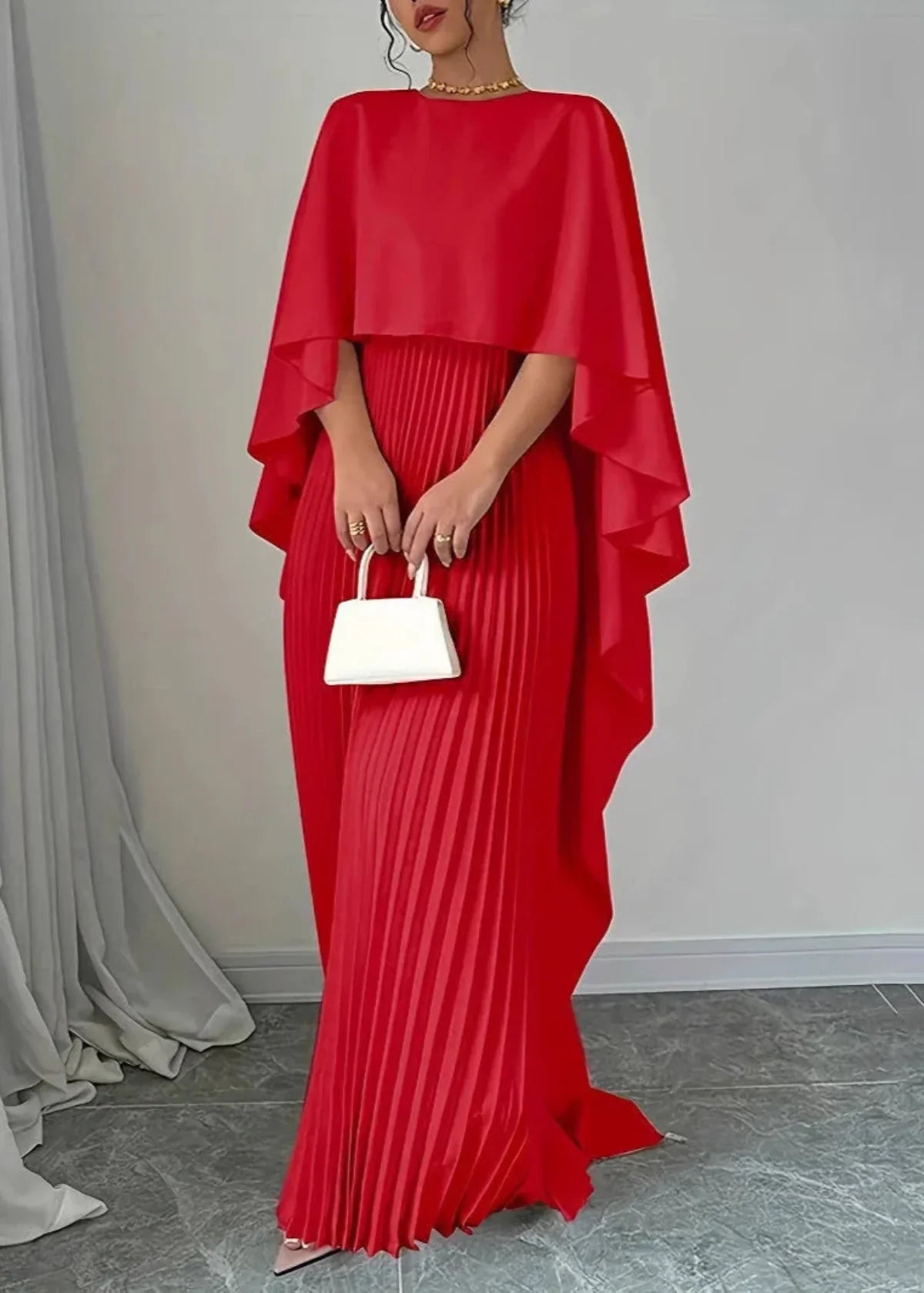 Women’s Pleated Cape Overlay Elegant Flowing Maxi Dress