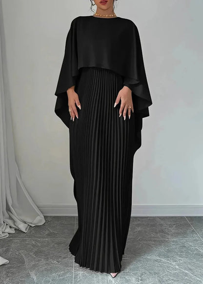 Women’s Pleated Cape Overlay Elegant Flowing Maxi Dress
