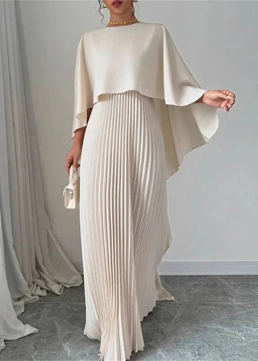 Women’s Pleated Cape Overlay Elegant Flowing Maxi Dress