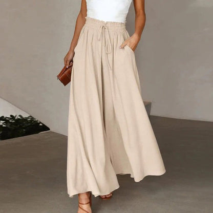 Women’s High Waist Flowy Maxi Skirt with Elastic Waist and Pockets