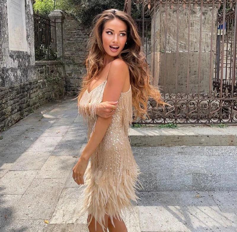 Women’s Strapless Feather Fringe Elegant Party Mini Dress