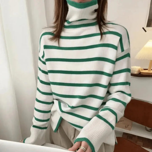 Gestreifter Rollkragenpullover Lang Winter Damen