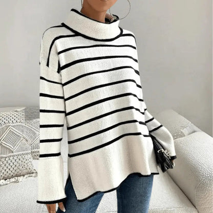 Gestreifter Rollkragenpullover Lang Winter Damen