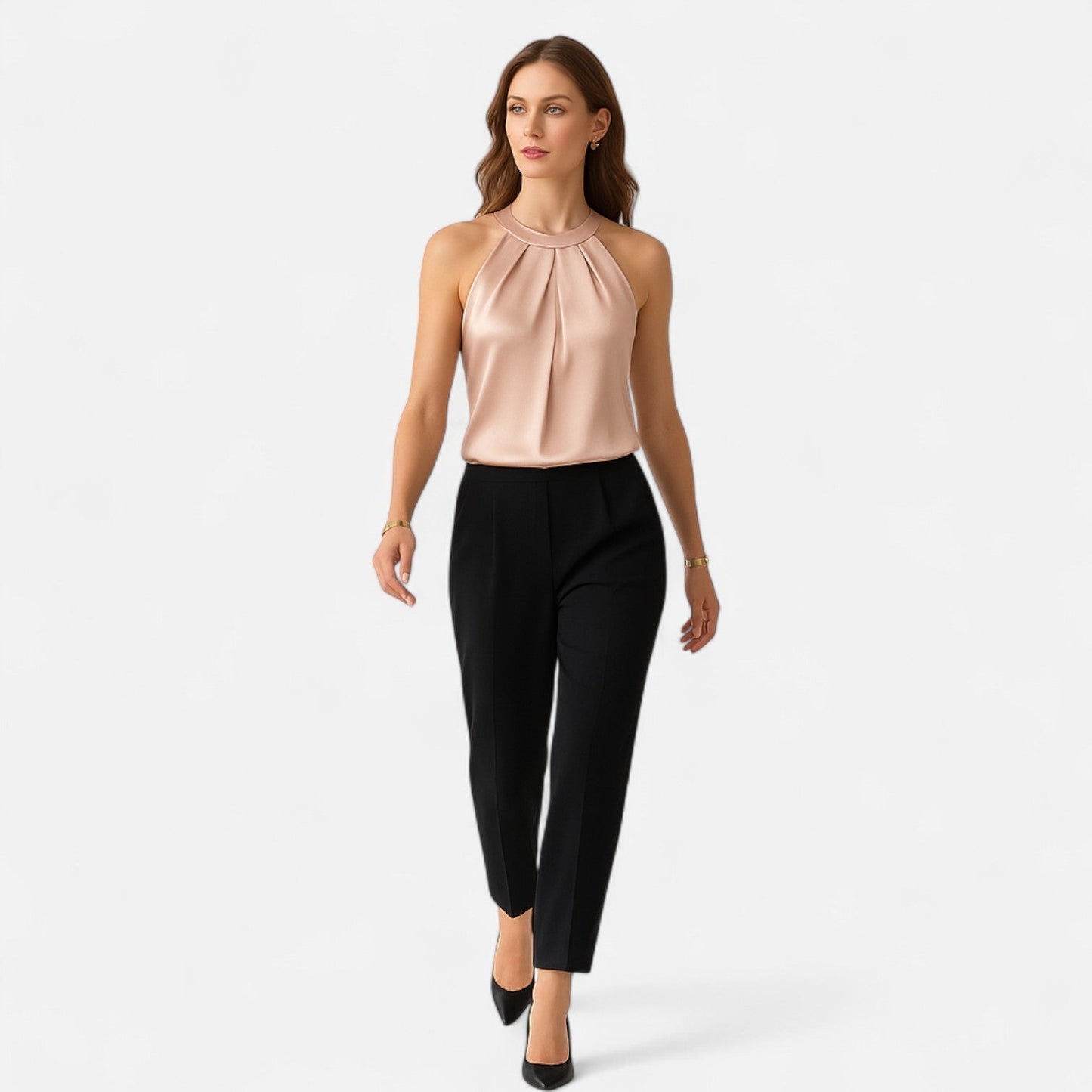 Kimberly | Women’s Elegant Pleated Front Draped Satin Tanks