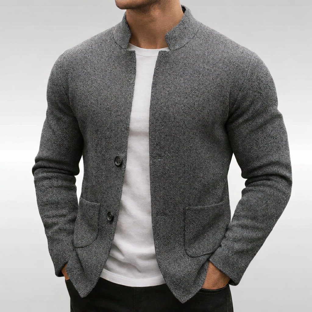 Men’s Knit Blazer with Mandarin Collar and Relaxed Fit