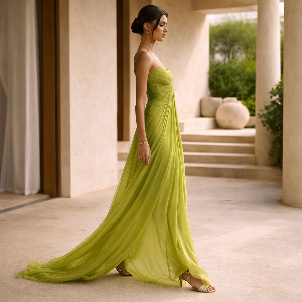 Close-up of strapless pleated maxi dress showing slim fit silhouette and flowing fabric