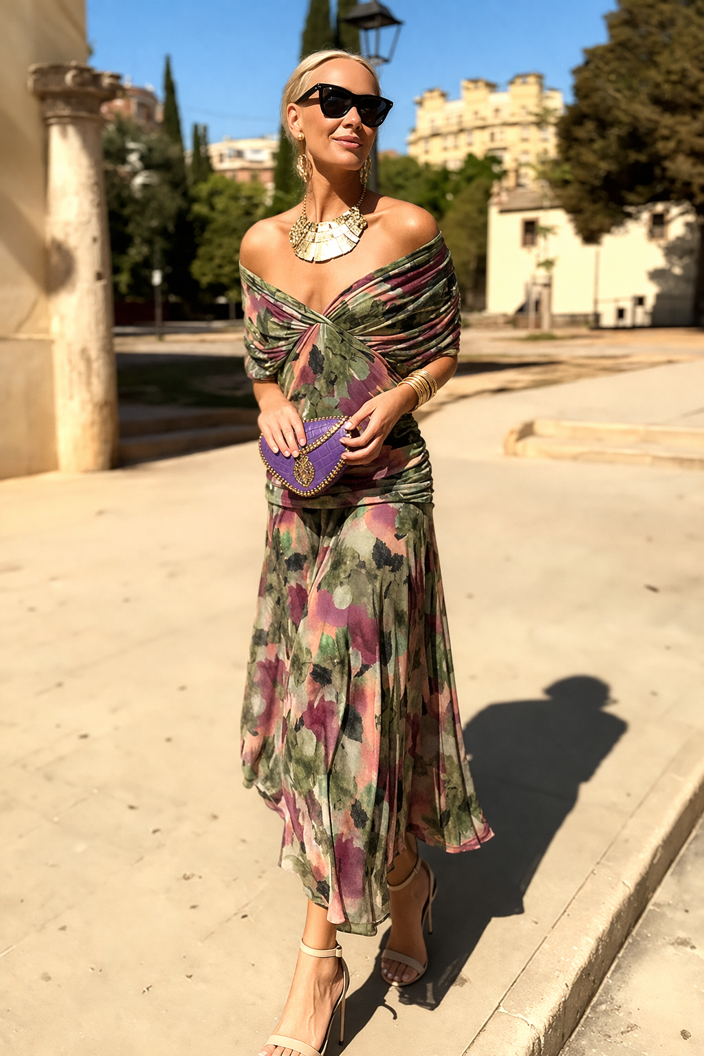 Women's Elegant V-Neck Maxi Dress with Pleated Waist