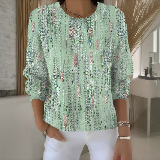Women's Vintage Print Long Sleeve Top with Round Neck