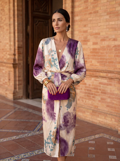Women's Satin Midi Dress with Wrap V-Neck and Watercolor Print