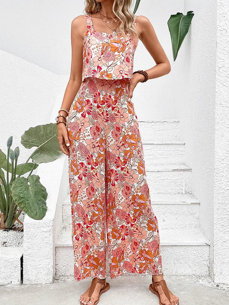 Women’s Floral Wide Leg Jumpsuit with Backless Design