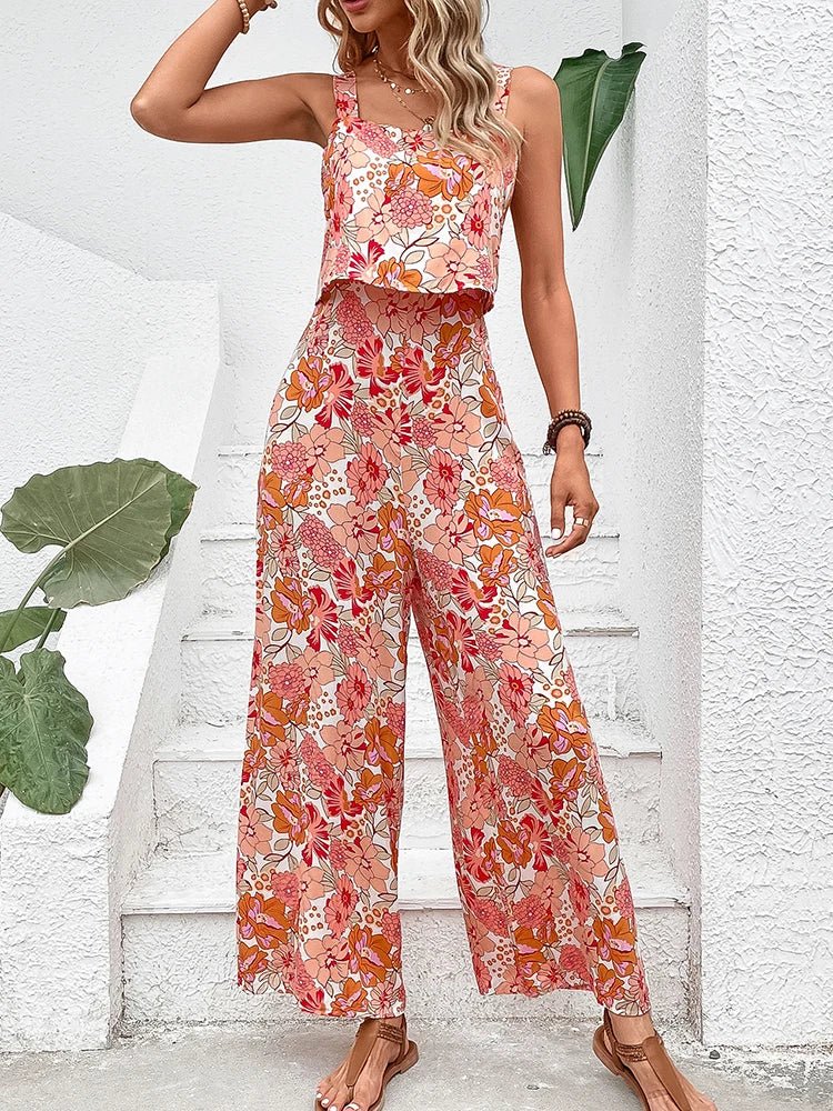 Women’s Floral Wide Leg Jumpsuit with Backless Design