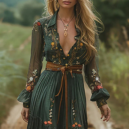 Women’s Embroidered Boho Maxi Dress with Long Sleeves and Tie Waist