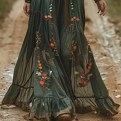 Women’s Embroidered Boho Maxi Dress with Long Sleeves and Tie Waist
