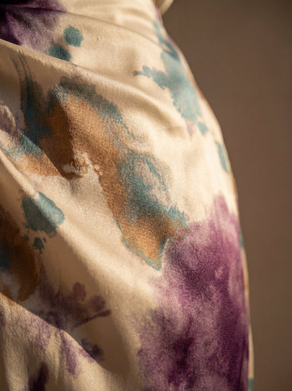Women's Satin Midi Dress with Wrap V-Neck and Watercolor Print