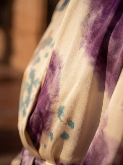 Women's Satin Midi Dress with Wrap V-Neck and Watercolor Print