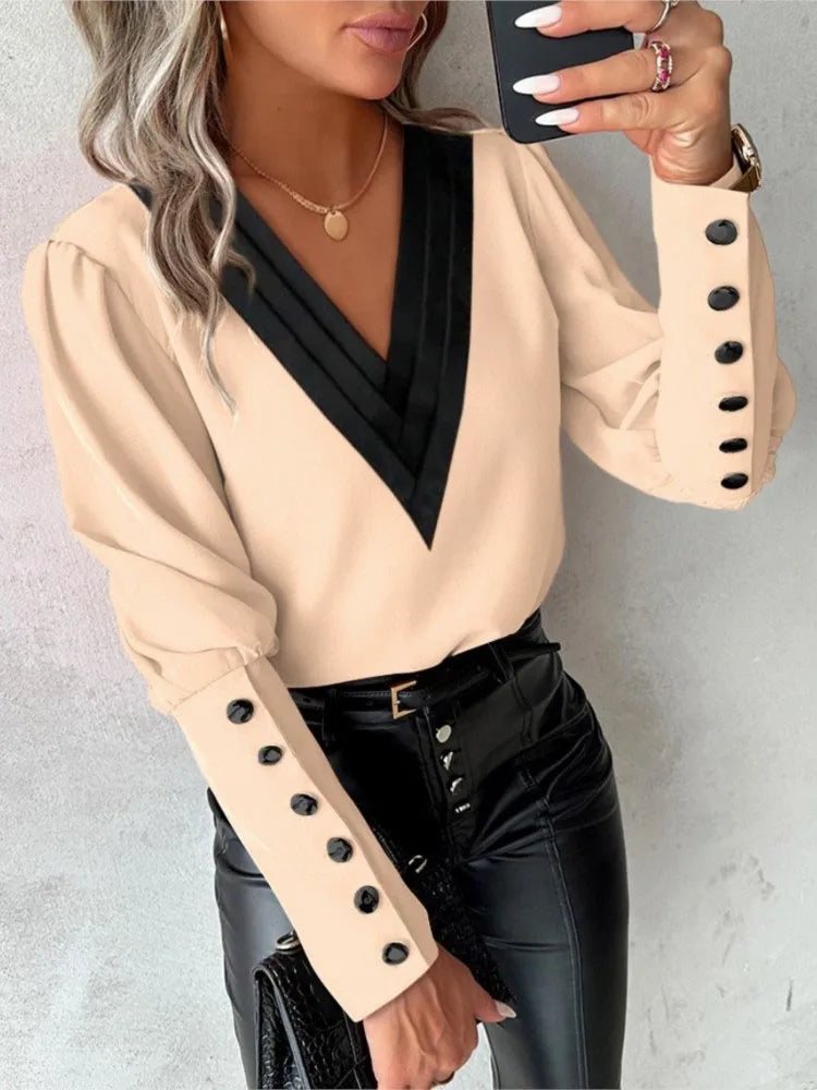 Casual V-Neck Blouse with Modern Flair for Women
