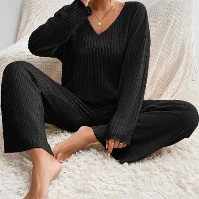 Women's Ribbed Knit Two Piece Set with Long Sleeve Top and Pants