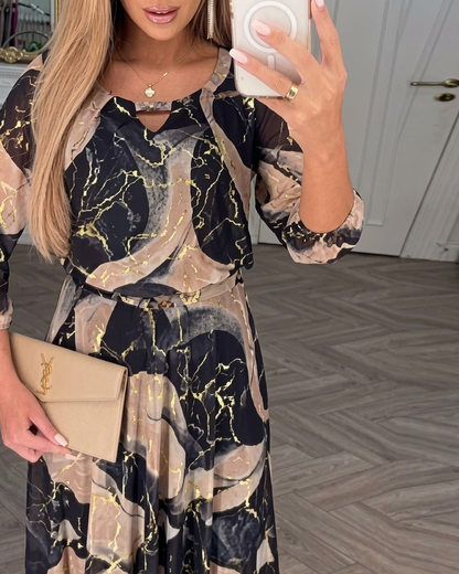 Women's Printed Chiffon Maxi Dress Flowy Long Dress with Belt