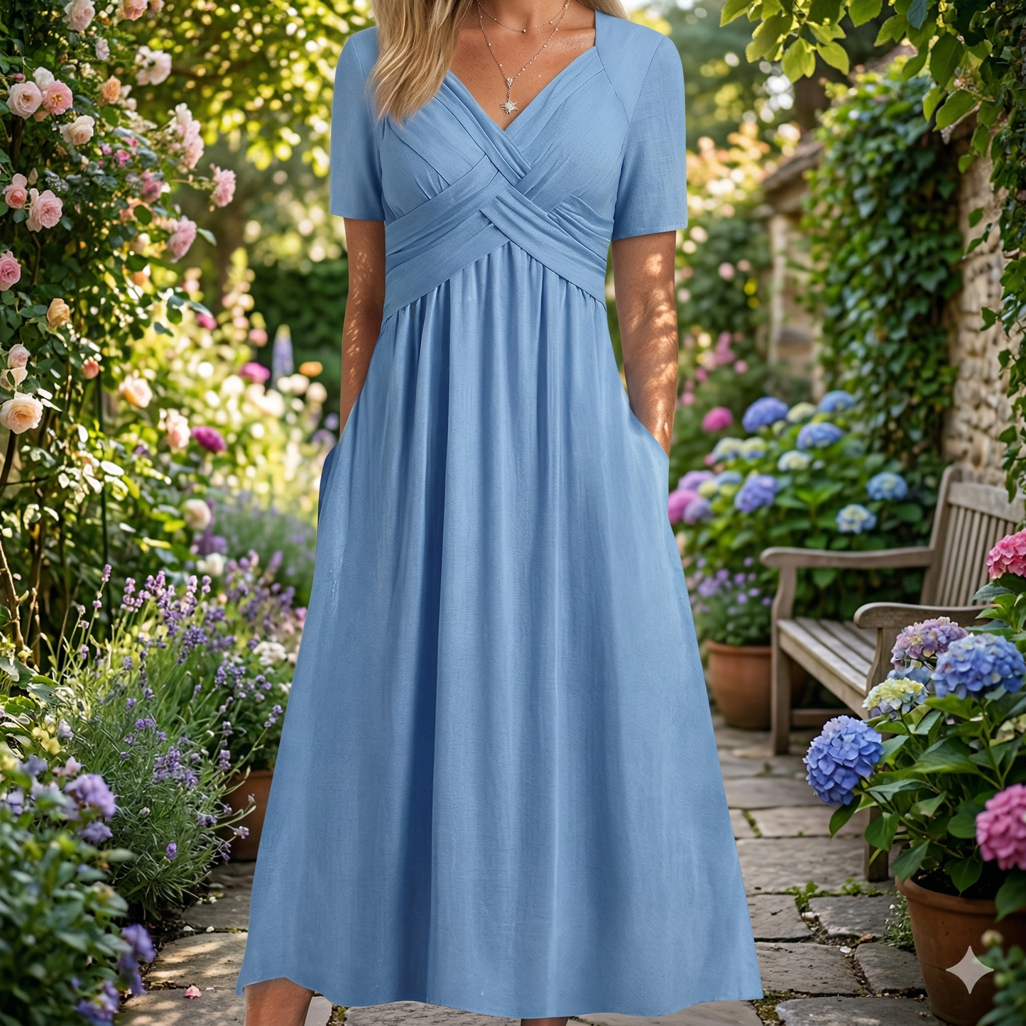 Women’s V Neck Relaxed Fit Comfortable Elegant Midi Dress