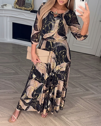 Women's Printed Chiffon Maxi Dress Flowy Long Dress with Belt