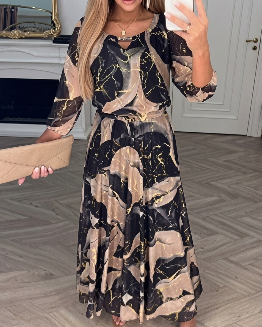 Women's Printed Chiffon Maxi Dress Flowy Long Dress with Belt