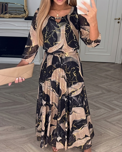 Women's Printed Chiffon Maxi Dress Flowy Long Dress with Belt