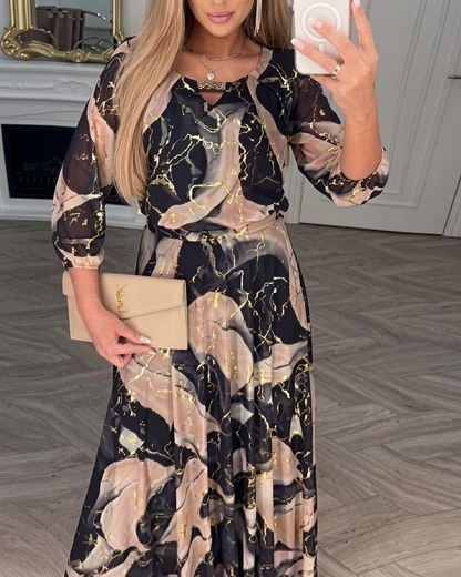 Women's Printed Chiffon Maxi Dress Flowy Long Dress with Belt