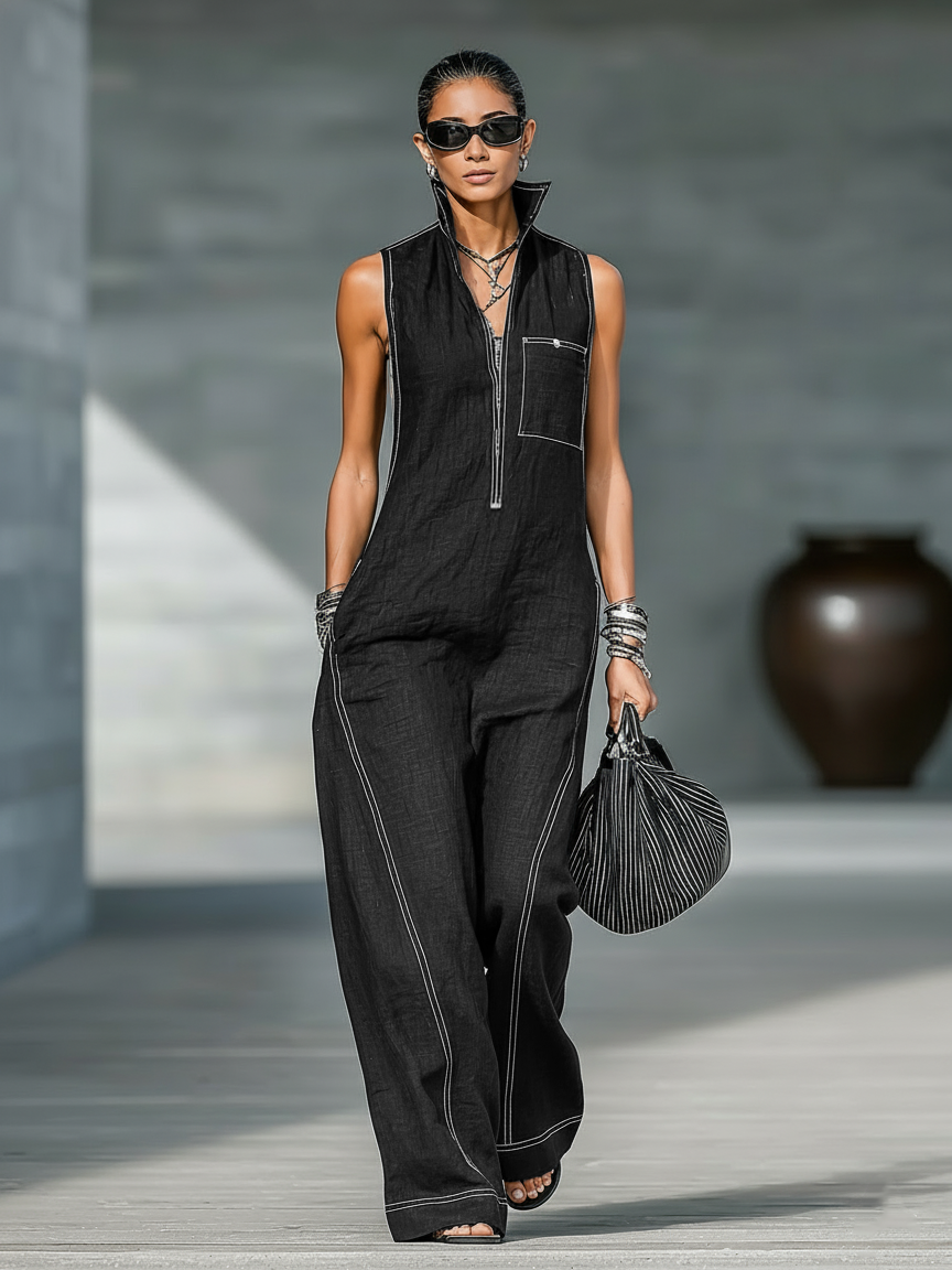 Women’s Sleeveless Wide Leg Jumpsuit with Contrast Trim