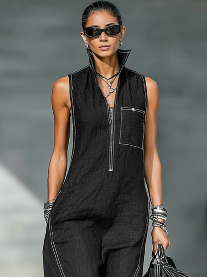 Women’s Sleeveless Wide Leg Jumpsuit with Contrast Trim