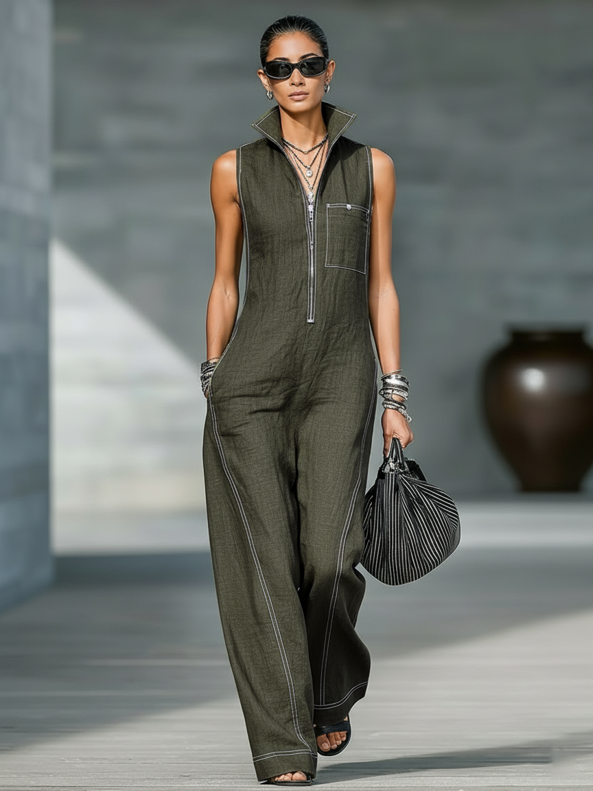 Women’s Sleeveless Wide Leg Jumpsuit with Contrast Trim
